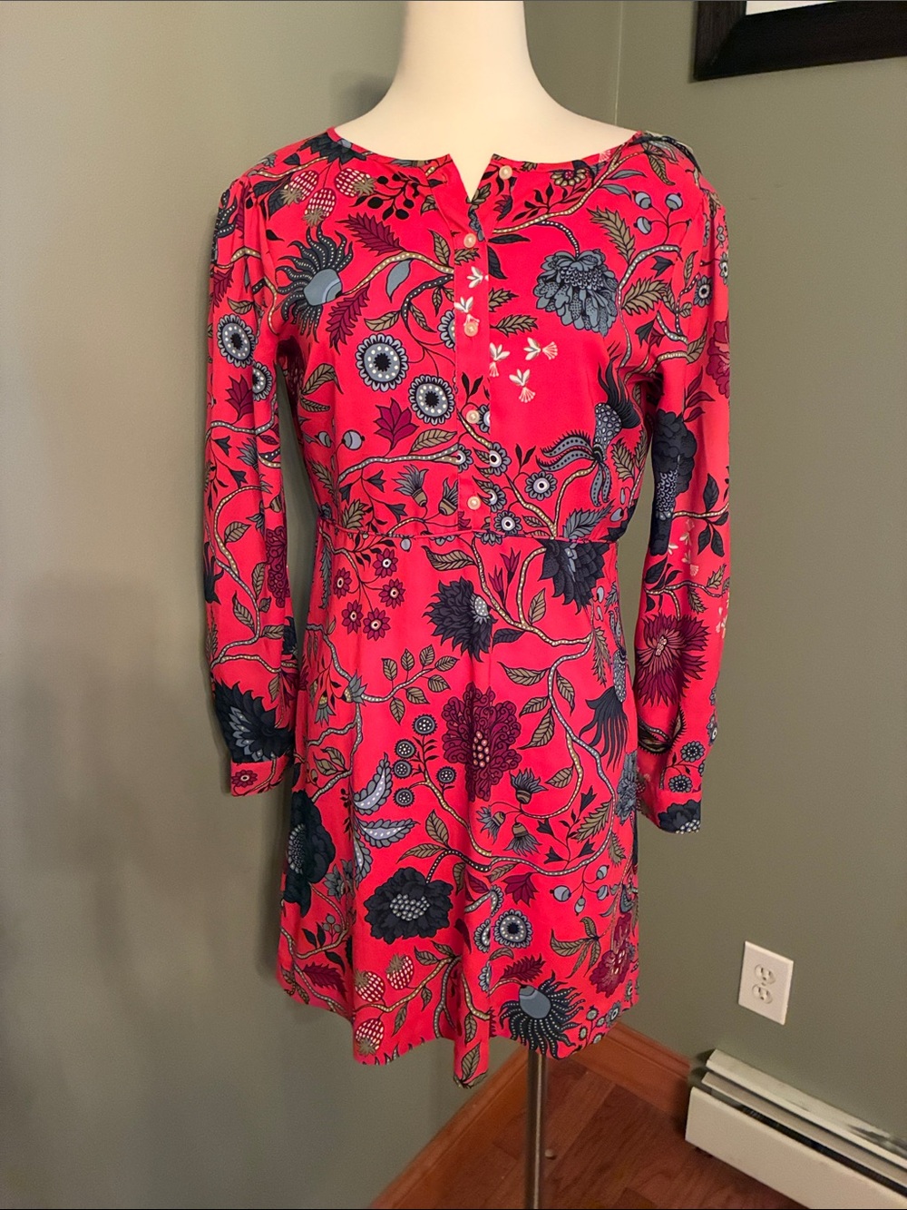 LOFT Bright Coral Floral Long-Sleeve Shift Dress